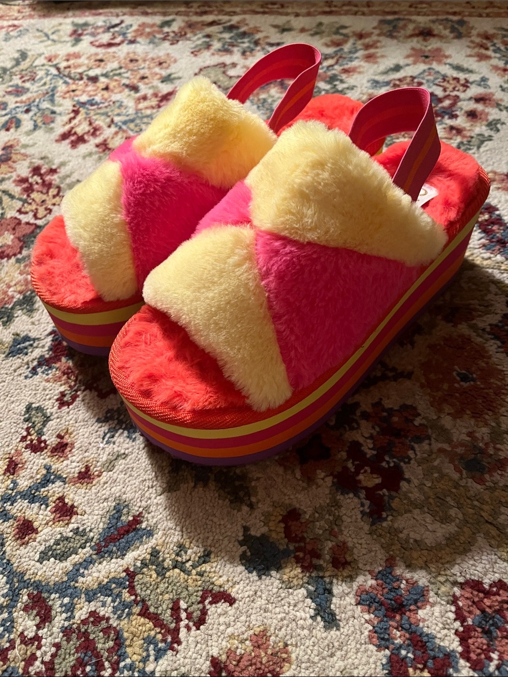 Fuzzy Platform Slide Sandals in Pink and Yellow